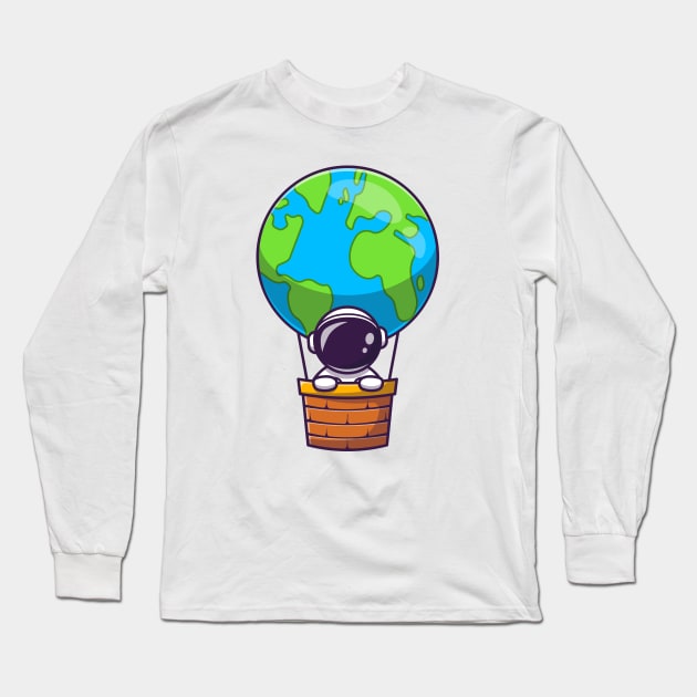 Cute Astronaut In Hot Air Balloon Earth Long Sleeve T-Shirt by Catalyst Labs